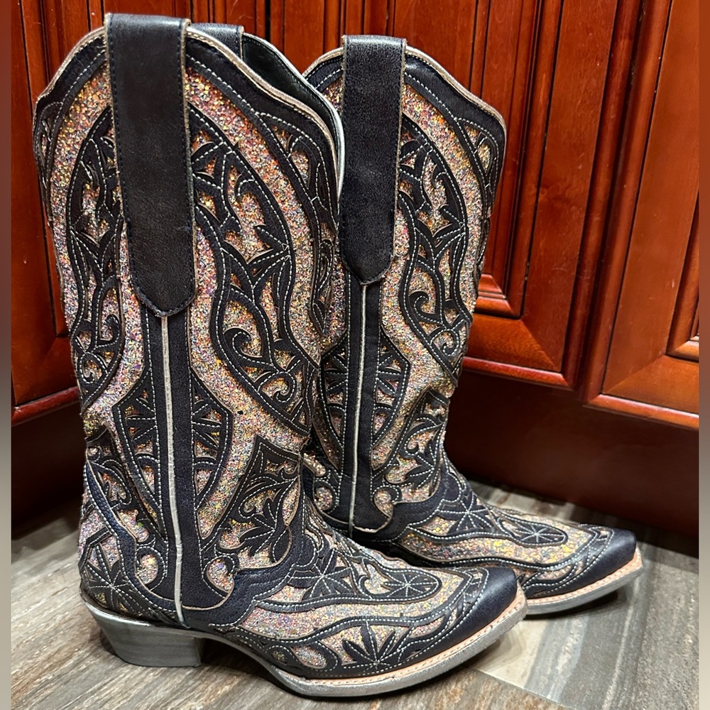 JB Dillon Black Glitter Inlay Sparkle Cowboy Boots Size 7.5 RARE Wedding Cowgirl - Picture 4 of 14